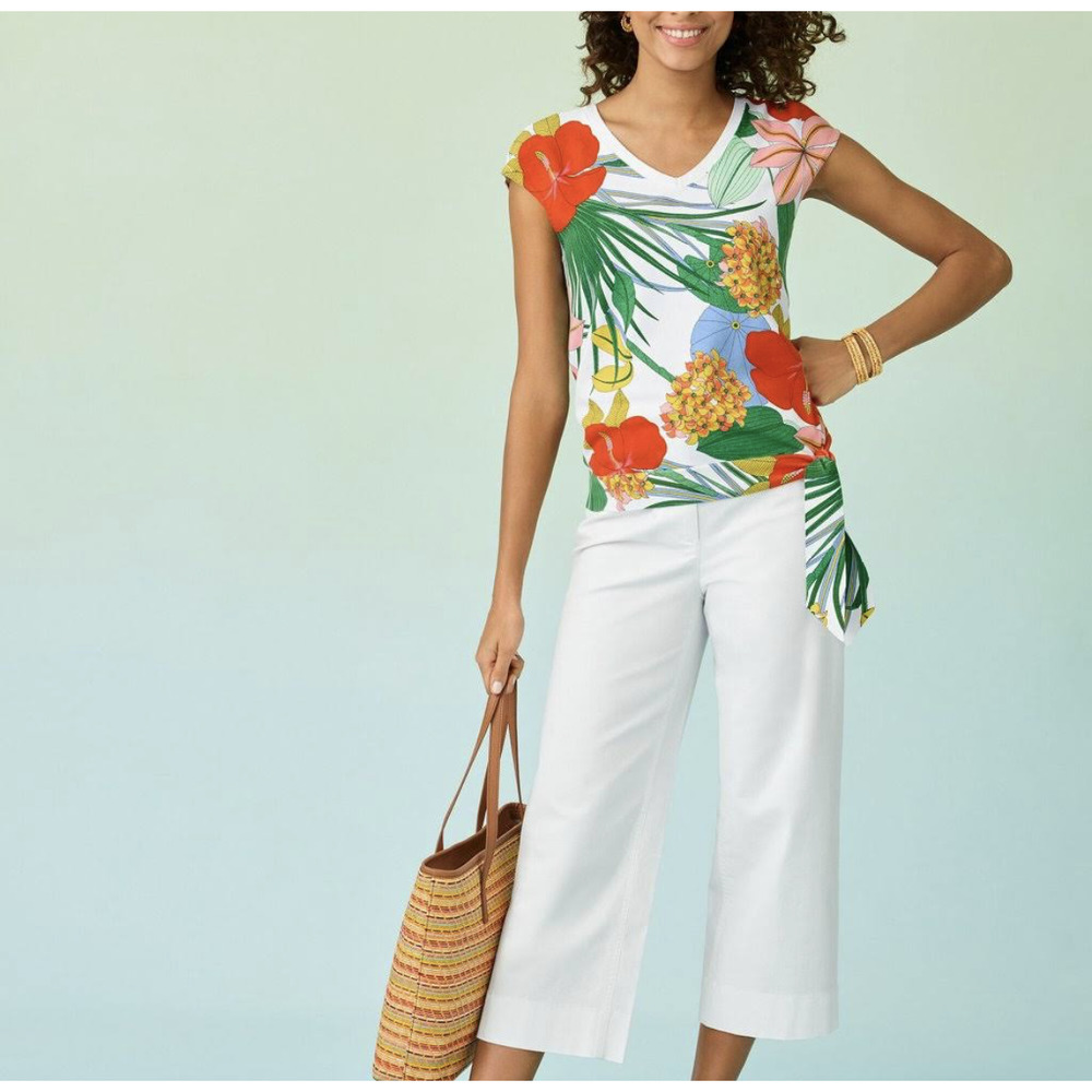 Talbots Plus Colorful Tropical Top Womens Size 2X V-Neck Tie Hem Casual Tee - Picture 5 of 11